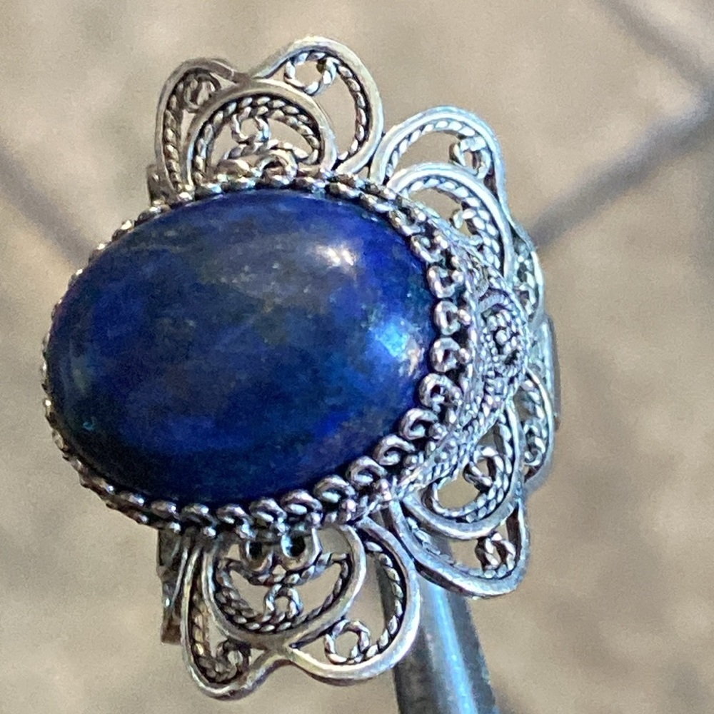 Genuine Lapis Lazuli Sterling Filigree Ring - Picture 3 of 11